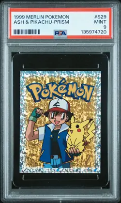 1999 MERLIN POKEMON #S29 ASH & PIKACHU-PRISM PSA 9 - Image 1
