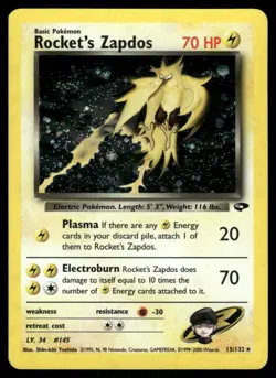 2* Pokemon Cards Rocket's Zapdos 15/132 Unlimited Holofoil Gym Challenge Holo - Image 1