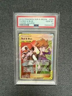 Pokemon TCG Cosmic Eclipse Red Blue Tag Team Full Art Trainer PSA 10 English - Image 1