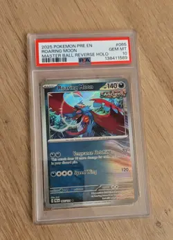 2025 Pokemon Prismatic Evolutions Roaring Moon 65/131 Master Ball Reverse PSA 10 - Image 1