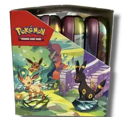 Pokemon TCG Prismatic Evolutions Mini Tin *EMPTY* Display Box & 8 Tins w/Coins - Image 3