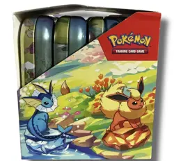 Pokemon TCG Prismatic Evolutions Mini Tin *EMPTY* Display Box & 8 Tins w/Coins - Image 4