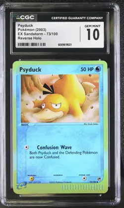 CGC 10 GEM MINT Psyduck 2003 EX Sandstorm 73/100 Reverse Holo Pokemon Card - Image 1