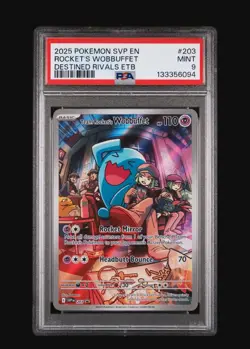 2025 POKEMON SVP DESTINED RIVALS ETB PROMO #203 TEAM ROCKET'S WOBBUFFET PSA 9 - Image 1