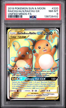 2019 POKEMON SUN & MOON UNIFIED MINDS FULL ART/RAICHU & ALOLAN RAICHU GX PSA 8 - Image 1