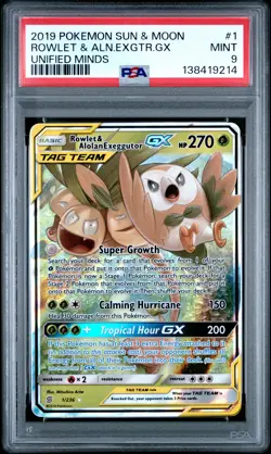 2019 POKEMON SUN & MOON UNIFIED MINDS #1 ROWLET & ALOLAN EXEGGUTOR GX PSA 9 - Image 1