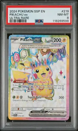 2024 POKEMON SSP EN-SURGING SPARKS ULTRA RARE #219 PIKACHU EX PSA 8 - Image 1