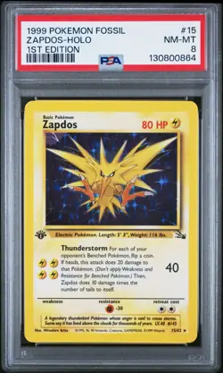 1999 Pokemon Fossil - Zapdos - Holo - 1st Edition - PSA 8 - Image 1