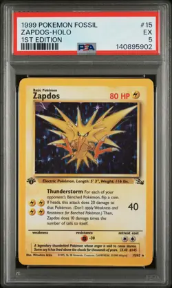 1999 POKEMON FOSSIL 1ST ED #15 ZAPDOS-HOLO PSA 5 - Image 1