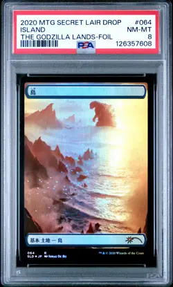 2020 MTG SECRET LAIR DROP THE GODZILLA LANDS-FOIL #064 ISLAND PSA 8 - Image 1