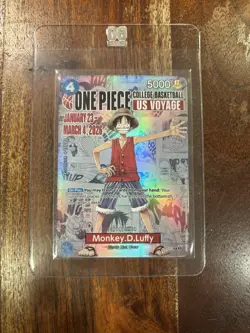 Bandai Monkey.D.Luffy US Voyage Promo Full Art Holo One Piece CCG Card P-055 - Image 1