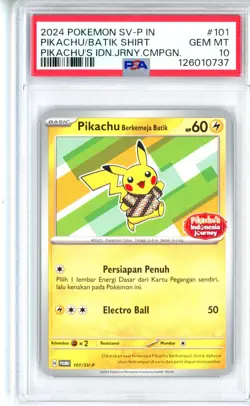 PSA GEM MT 10 Pokemon Pikachu Berkemeja Batik 101/SV-P Indonesia Journey Promo - Image 1