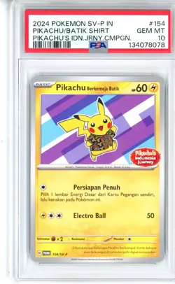 PSA GEM MT 10 Pokemon Pikachu Berkemeja Batik 154/SV-P Indonesia Journey Promo - Image 1