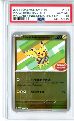 PSA GEM MT 10 Pokemon Pikachu Berkemeja Batik 191/SV-P Reverse Holo (2024) - Image 1