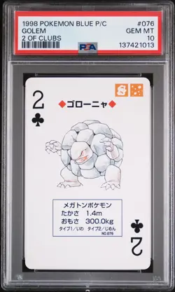 1998 POKEMON BLUE VERSION PLAYING CARDS 2 OF CLUBS #076 GOLEM PSA 10 - Image 1