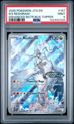 2025 POKEMON JTG ENHANCED BOOSTER BOX TOPPER #167 N'S RESHIRAM PSA 9 - Image 1