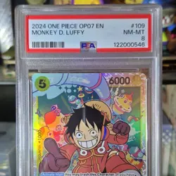 Monkey D. Luffy OP07-109 Super Rare Foil PSA 8 One Piece CCG English - Image 1
