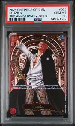 2025 ONE PIECE OP13-CARRYING ON HIS WILL 3RD ANNIV-GOLD #004 SHANKS PSA 10 - Image 1