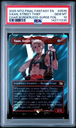2025 MTG FINAL FANTASY CHARACTER BORDERLESS-SURGE FOIL VAAN, STREET THIEF PSA 10 - Image 1