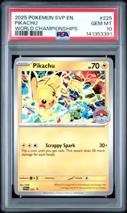 2025 POKEMON SVP EN-SV BLACK STAR PROMO WORLD CHAMPIONSHIPS #225 PIKACHU PSA 10 - Image 1