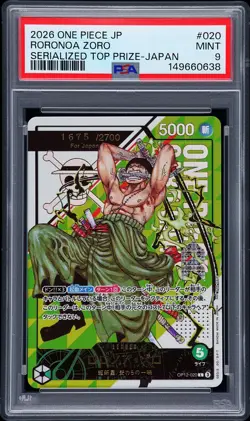 2026 ONE PIECE JPN SERIALIZED TOP PRIZE PROMOS #020 RORONOA ZORO 1675/2700 PSA 9 - Image 1