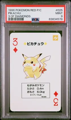 Pokemon Red Pikachu 3 of Diamonds Playing Poker Card 1996 PSA 9 MINT - Image 1
