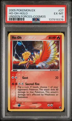 2005 POKEMON EX UNSEEN FORCES COSMOS #27 HO-OH-HOLO PSA 6 - Image 1