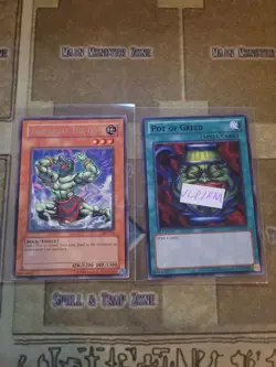YUGIOH POT OF GREED BP02 BLACK RARE 1ST ED + AVATAR OF THE POT RARE UNLIMIT VLP - Image 1