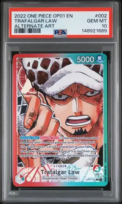 2022 ONE PIECE OP01-ROMANCE DAWN ALTERNATE ART #002 TRAFALGAR LAW PSA 10 - Image 1