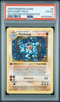 1999 POKEMON GAME 1ST ED-SHADOWLESS #8 MACHAMP-HOLO PSA 4 - Image 1