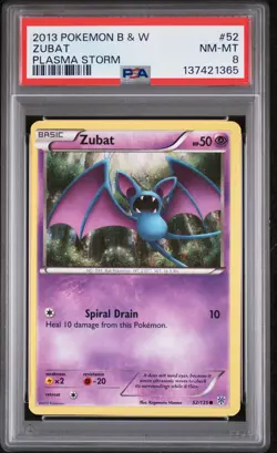 2013 POKEMON BLACK & WHITE PLASMA STORM #52 ZUBAT PSA 8 - Image 1
