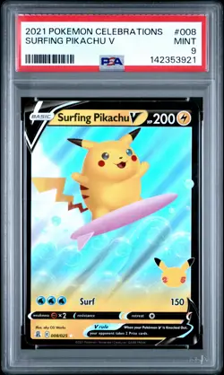 2021 POKEMON CELEBRATIONS #008 SURFING PIKACHU V PSA 9 - Image 1