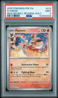 2025 POKEMON PRE EN-PRISMATIC EVOLUTIONS MASTER BALL REVERSE HOLO FLAREON PSA 9 - Image 1