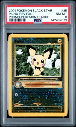 2001 POKEMON PROMO BLACK STAR POKEMON LEAGUE #35 PICHU-REVERSE FOIL PSA 8 - Image 1