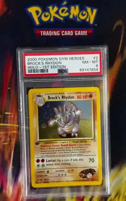 2000 Pokemon GYM HEROES BROCK'S RHYDON HOLO 1ST EDITION # 2 PSA 8 SWIRLE - Image 1