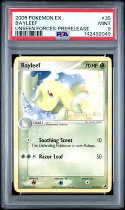 2005 POKEMON EX UNSEEN FORCES PRERELEASE #35 BAYLEEF PSA 9 - Image 1