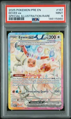 2025 POKEMON PRISMATIC EVOLUTIONS SPECIAL ILLUSTRATION RARE #167 EEVEE EX PSA 9 - Image 1
