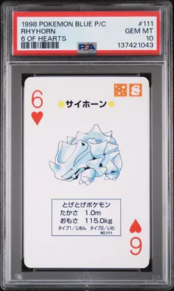 1998 POKEMON BLUE VERSION PLAYING CARDS 6 OF HEARTS #111 RHYHORN PSA 10 - Image 1