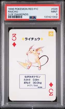 1996 POKEMON RED VERSION PLAYING CARDS 3 OF DIAMONDS #026 RAICHU PSA 9 - Image 1