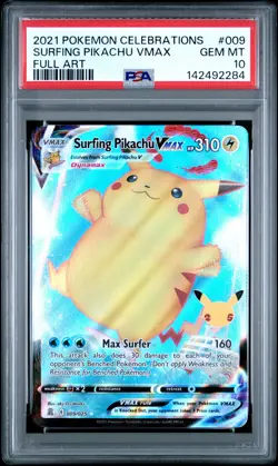 2021 POKEMON CELEBRATIONS #009 FULL ART/SURFING PIKACHU VMAX PSA 10 - Image 1