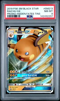2019 POKEMON SM BLACK STAR PROMO HIDDEN FATES TINS #SM213 RAICHU GX PSA 8 - Image 1