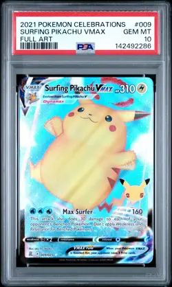 2021 POKEMON CELEBRATIONS #009 FULL ART/SURFING PIKACHU VMAX PSA 10 - Image 1