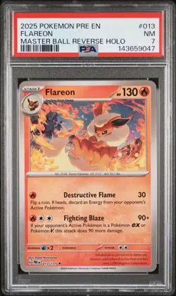 2025 POKEMON PRE EN-PRISMATIC EVOLUTIONS MASTER BALL REVERSE HOLO FLAREON PSA 7 - Image 1