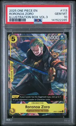 2025 ONE PIECE PROMOS ILLUSTRATION BOX VOL.3 #113 RORONOA ZORO PSA 10 - Image 1
