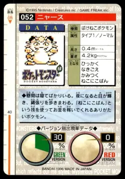 Meowth NO. 052 Green Bandai Carddass Series 1-2 G Pokemon Japanese ~ HP - Image 2