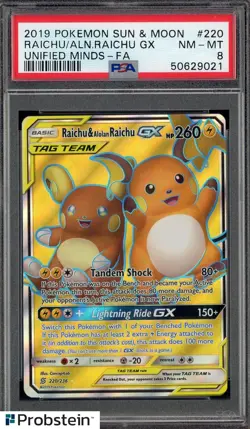 2019 Pokemon Sun & Moon Unified Minds #220 FA Raichu & Alolan Raichu Gx PSA 8 - Image 1