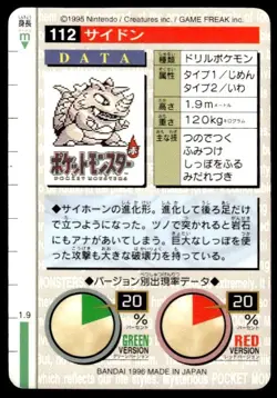 Rhydon NO. 112 Green Bandai Carddass Series 1-2 G Pokemon Japanese ~ HP - Image 2