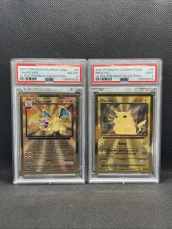 PSA 8/9 (Sequential) 2021 Pokemon Celebration UPC Gold Metal Charizard & Pikachu - Image 1