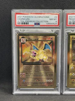 PSA 8/9 (Sequential) 2021 Pokemon Celebration UPC Gold Metal Charizard & Pikachu - Image 2