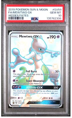 2019 POKEMON SUN & MOON MEWTWO GX FULL ART HIDDEN FATES SV59/SV94 PSA 10 - Image 1